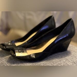 Calvin Klein Black Patent Wedge Pumps with Decorative Buckle